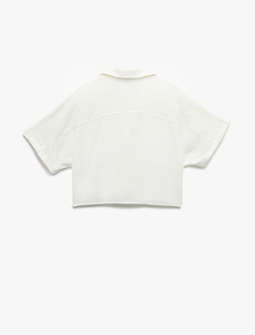   Kısa Kollu Klasik Yaka Bağlama Detaylı Cepli Crop Oversize Bluz