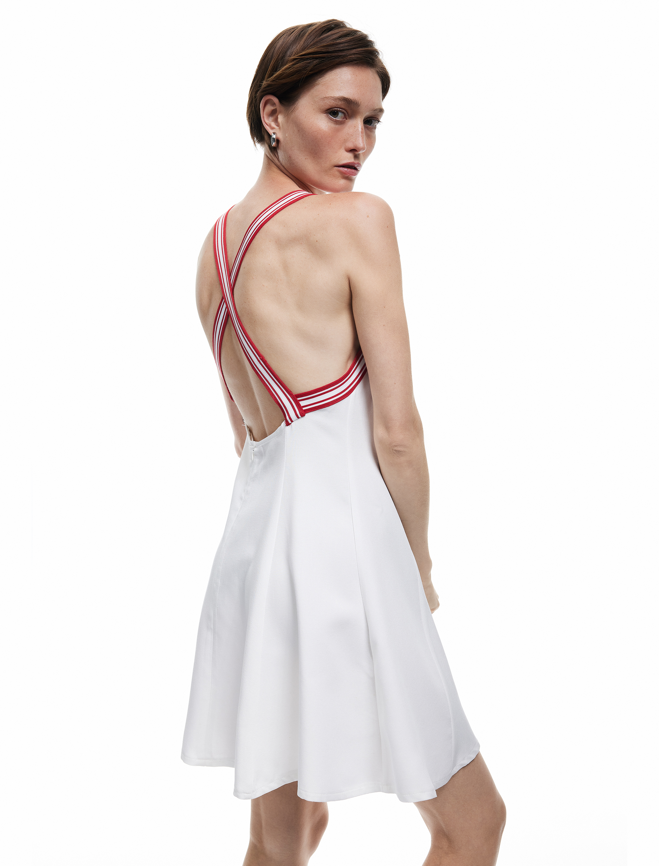   Viskon Keten Karışımlı Arkası Çapraz Askılı Şerit Detaylı Mini Elbise