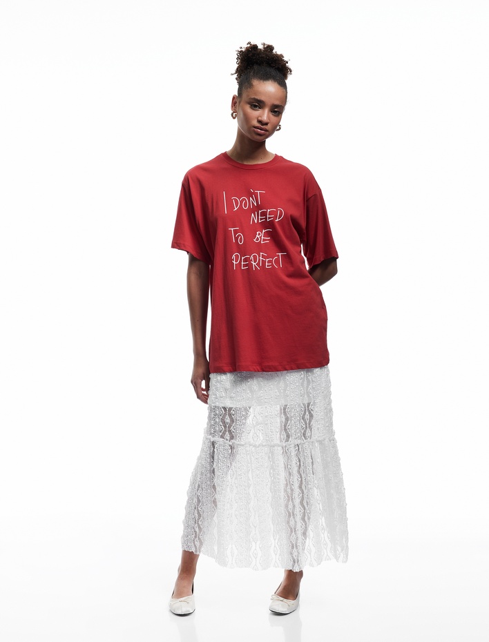  Yüksek Bel Katlı Brodeli Jakarlı Midi Etek