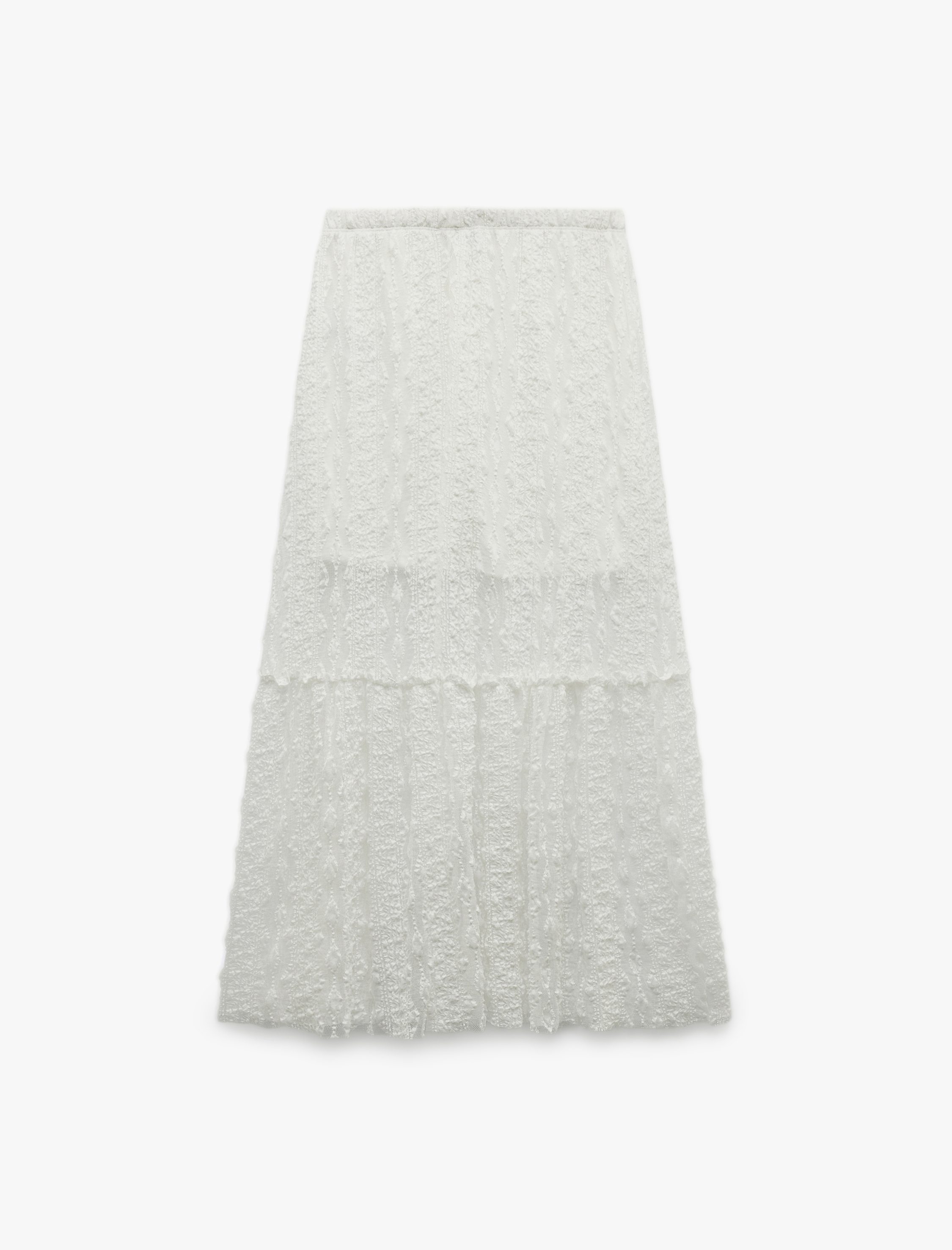   Yüksek Bel Katlı Brodeli Jakarlı Midi Etek