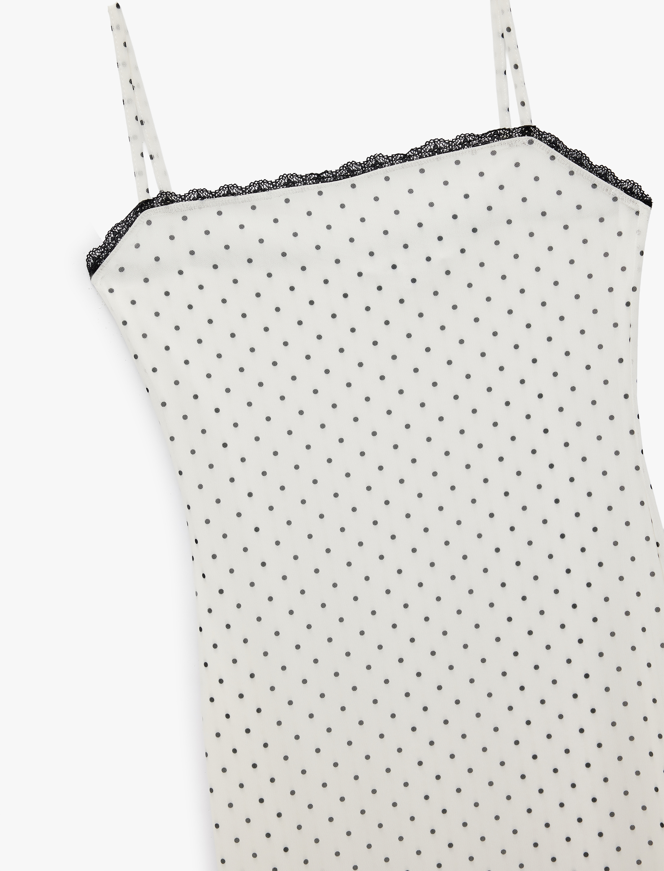   Kare Yaka Askılı Puantiyeli Dantelli Tül Midi Elbise