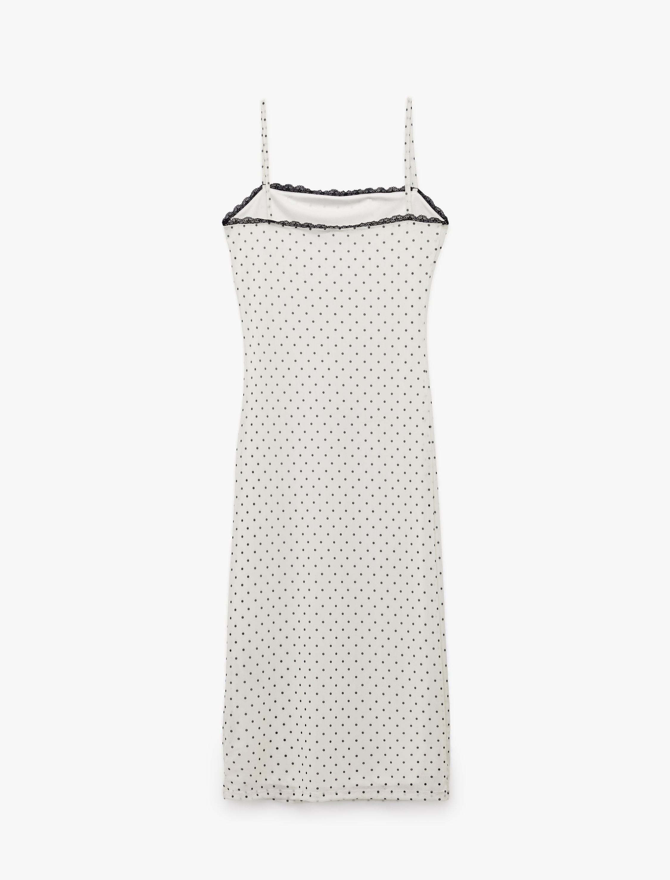   Kare Yaka Askılı Puantiyeli Dantelli Tül Midi Elbise