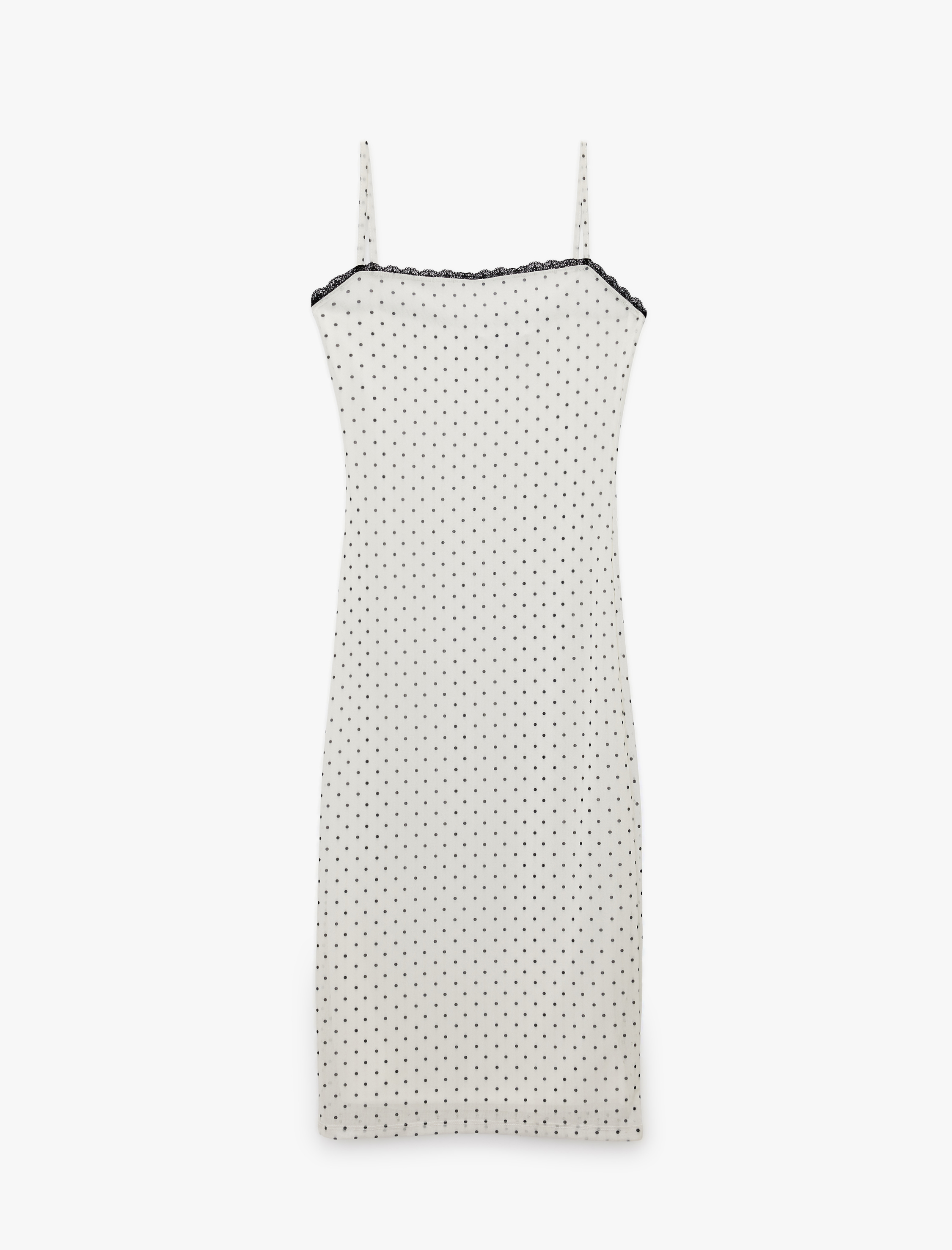   Kare Yaka Askılı Puantiyeli Dantelli Tül Midi Elbise