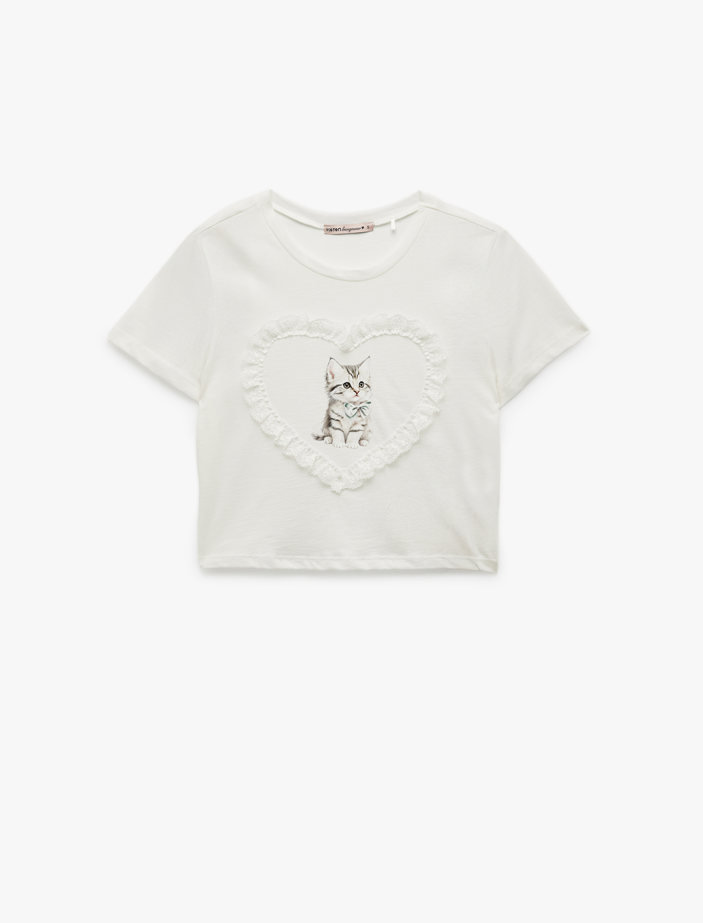   Pamuklu Kısa Kollu Bisiklet Yaka Dantel Detaylı Kalpli Kedi Baskılı Kısa Tişört Pijama Üstü