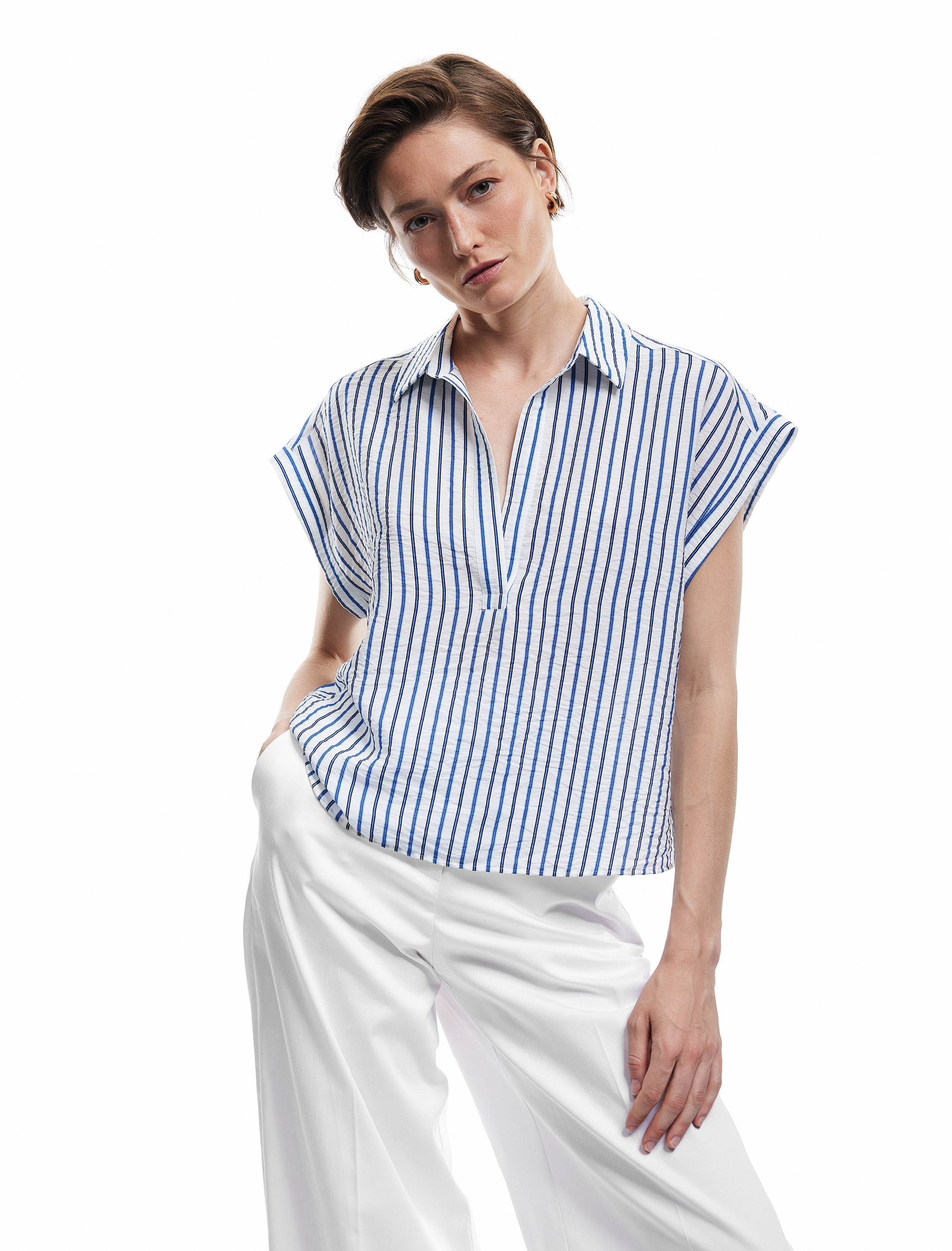   Aerobin Viskon Kumaş Kısa Kap Kollu Gömlek Yaka Çizgili Bluz