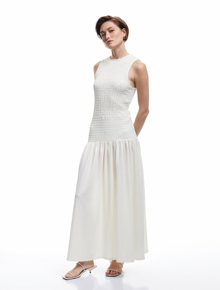  Bürümcük Kumaş Slim Fit Kolsuz Bisiklet Yaka Uzun Elbise