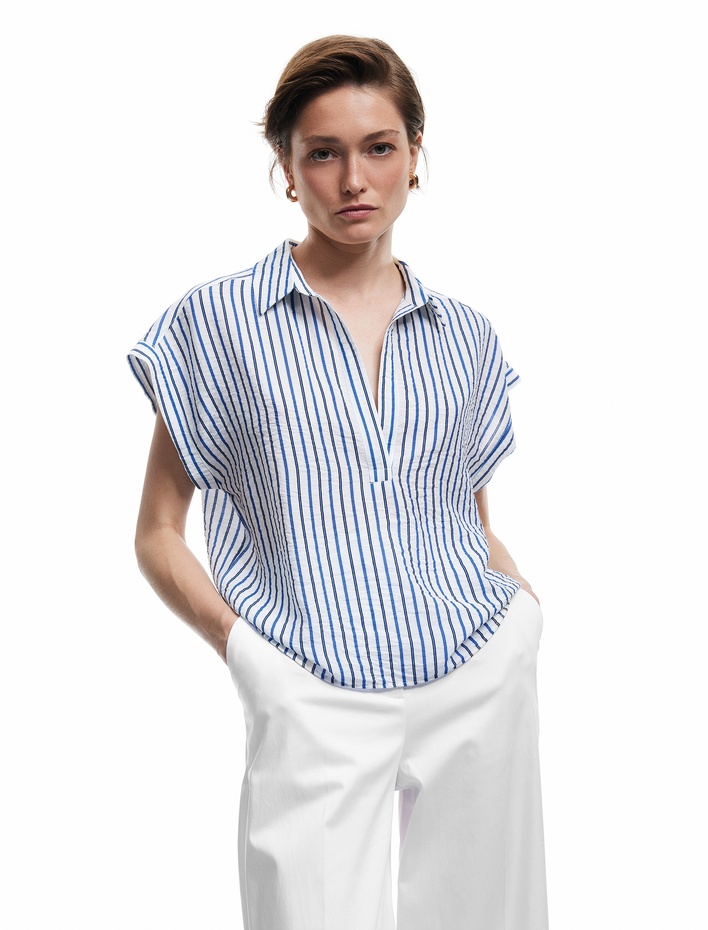  Aerobin Viskon Kumaş Kısa Kap Kollu Gömlek Yaka Çizgili Bluz