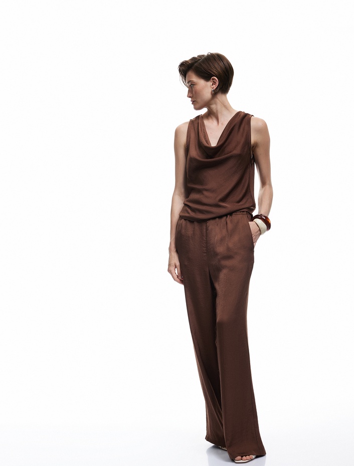  Standart Bel Cepli Uzun Geniş Paça Palazzo Saten Pantolon