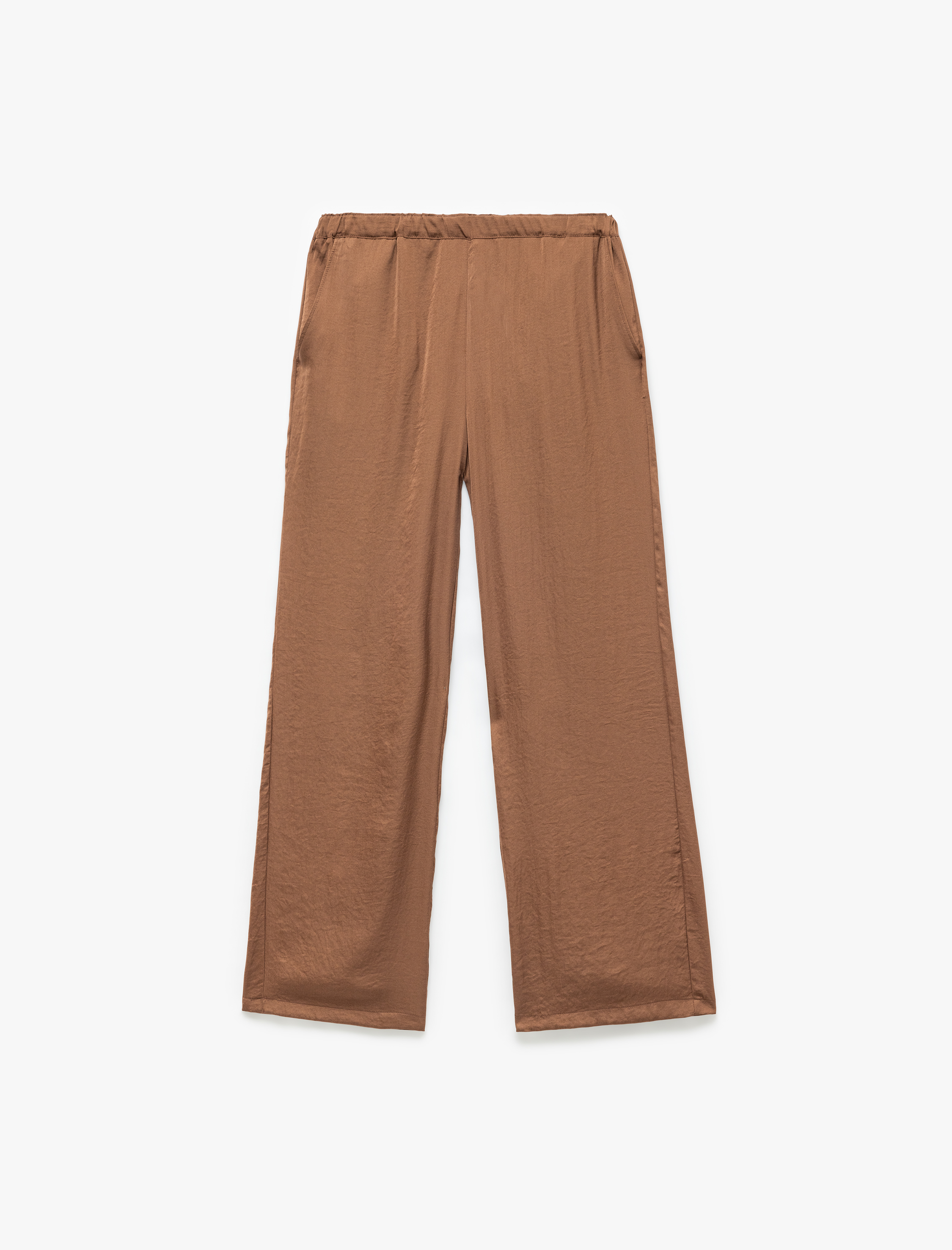   Standart Bel Cepli Uzun Geniş Paça Palazzo Saten Pantolon