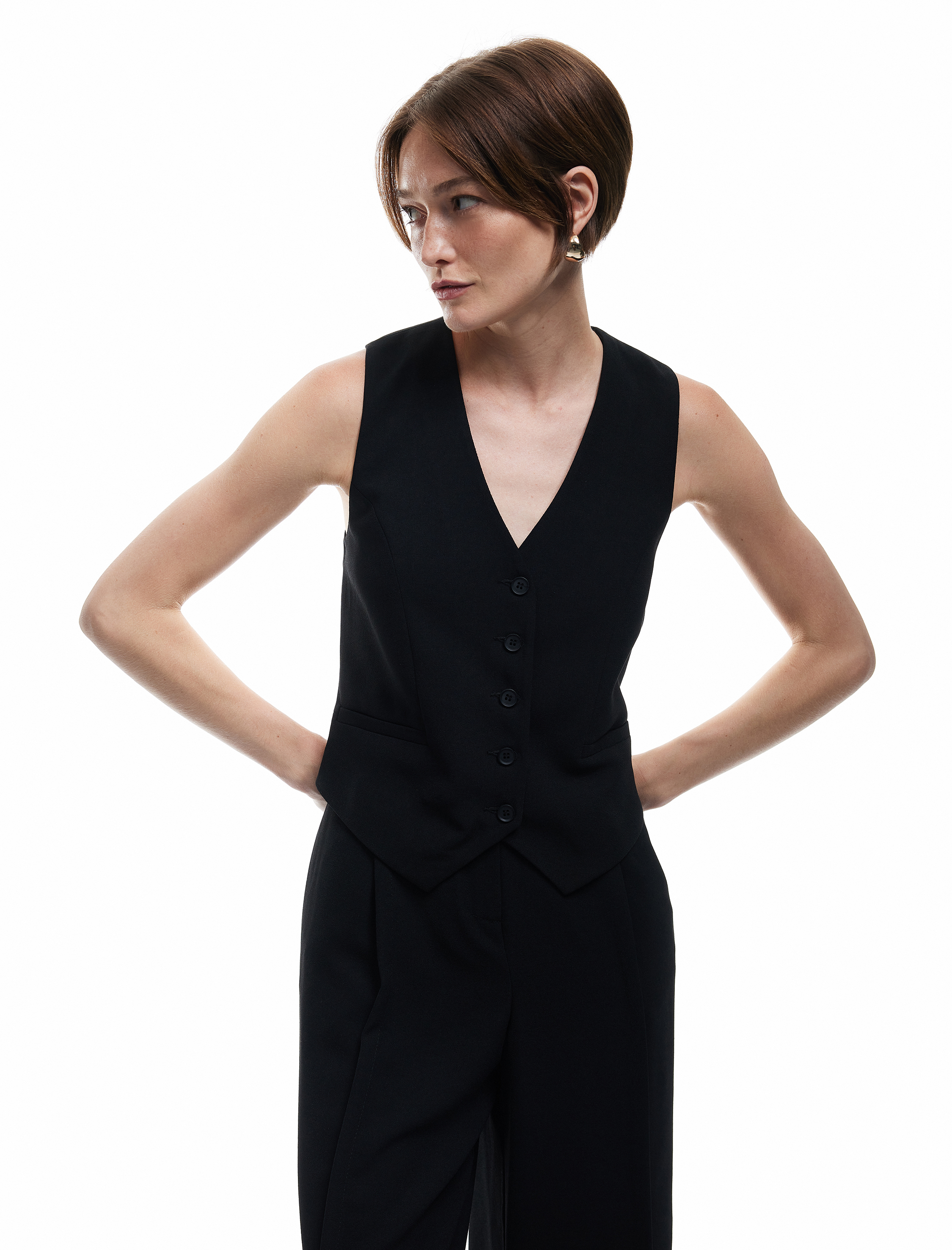   Krep Kumaş Astarlı V Yaka Düğmeli Blazer Yelek