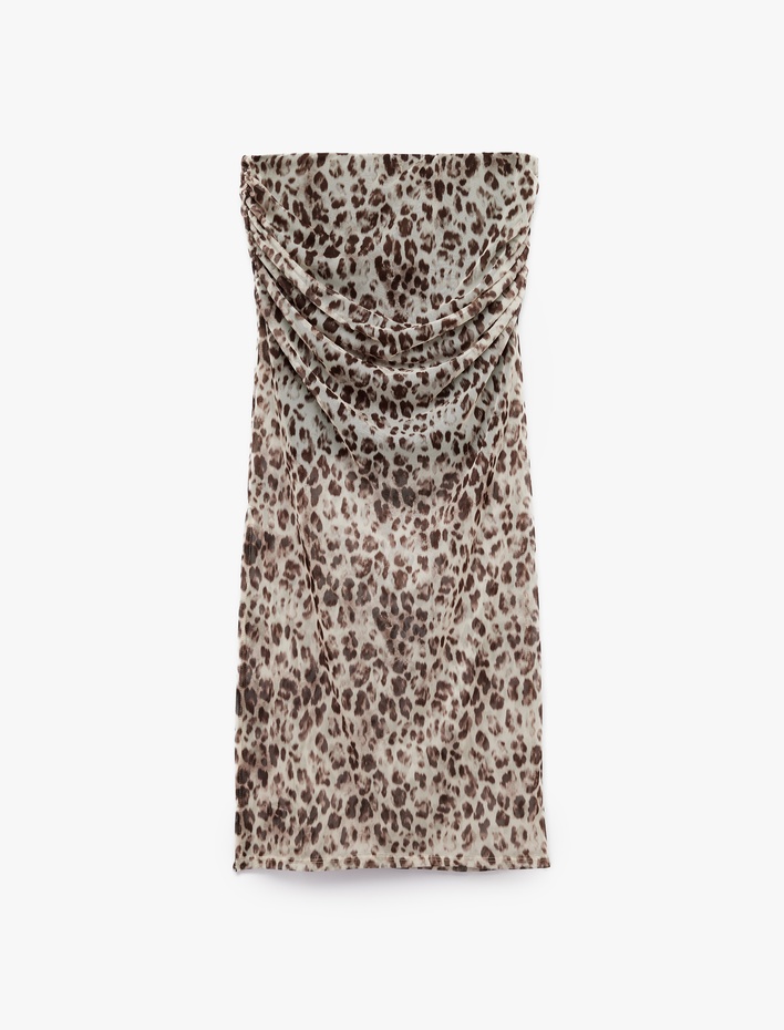  Koton X Zeynep Bastık - Astarlı Slim Fit Drapeli Leopar Desenli Midi Boy Tül Etek