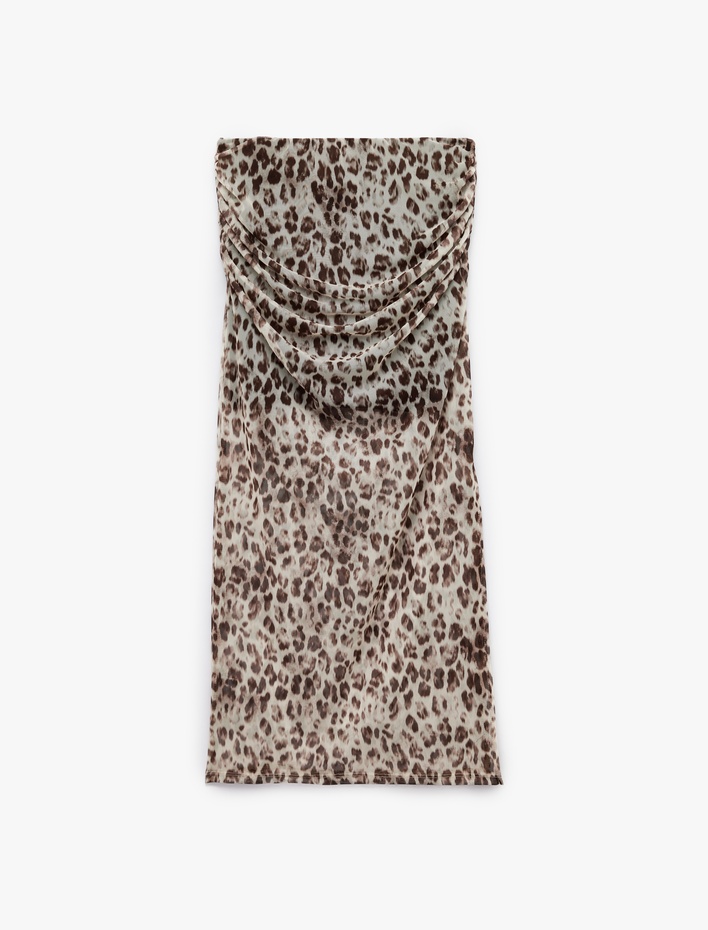  Koton X Zeynep Bastık - Astarlı Slim Fit Drapeli Leopar Desenli Midi Boy Tül Etek