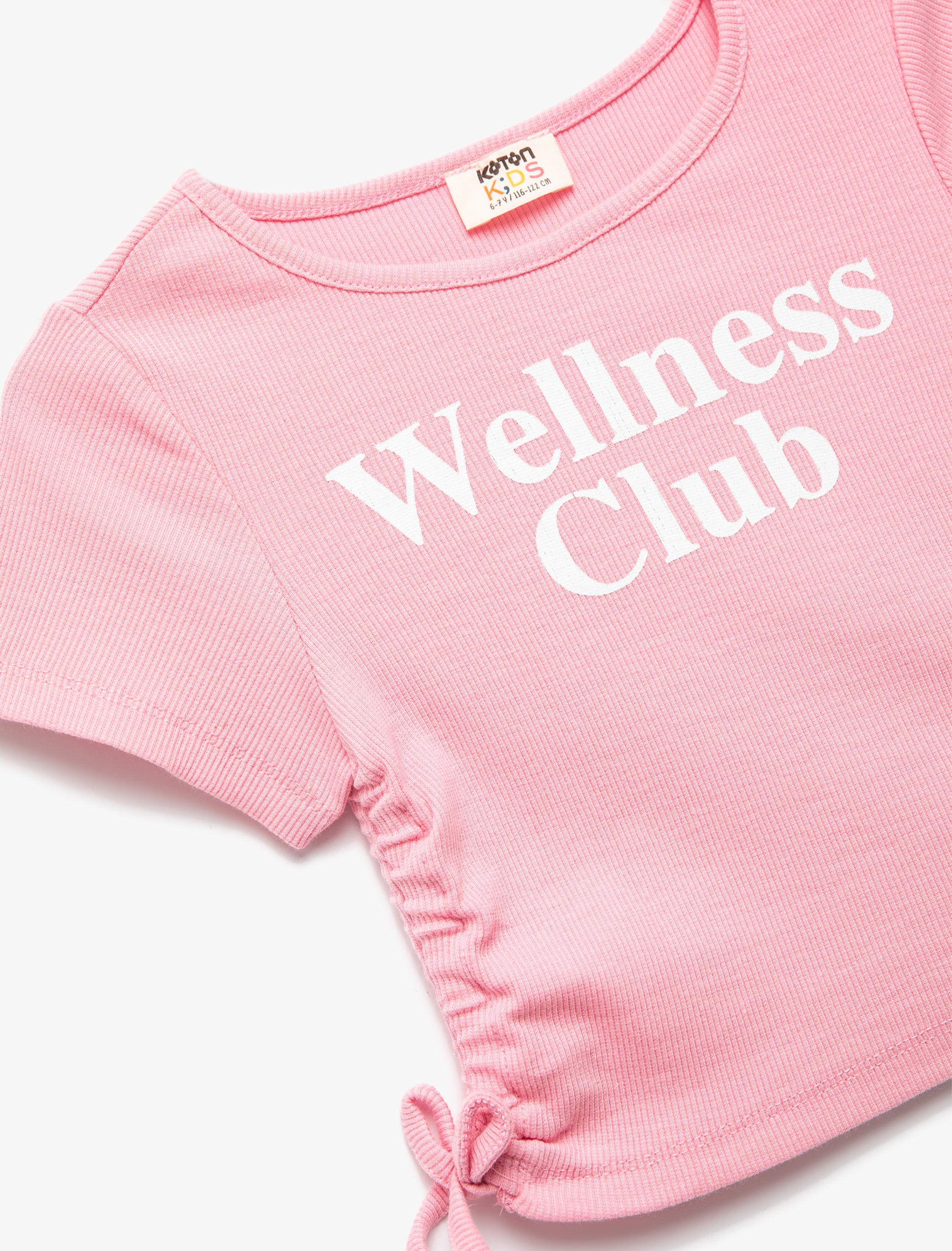  Kız Çocuk Pamuklu Slogan Baskılı Büzgü Detaylı Kısa Kollu Crop Tişört