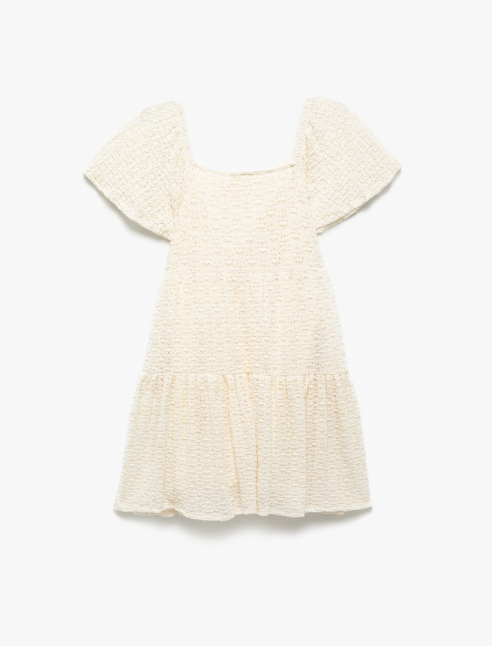 Kız Çocuk Kısa Kollu Bisiklet Yaka Kat Detaylı Pileli Elbise