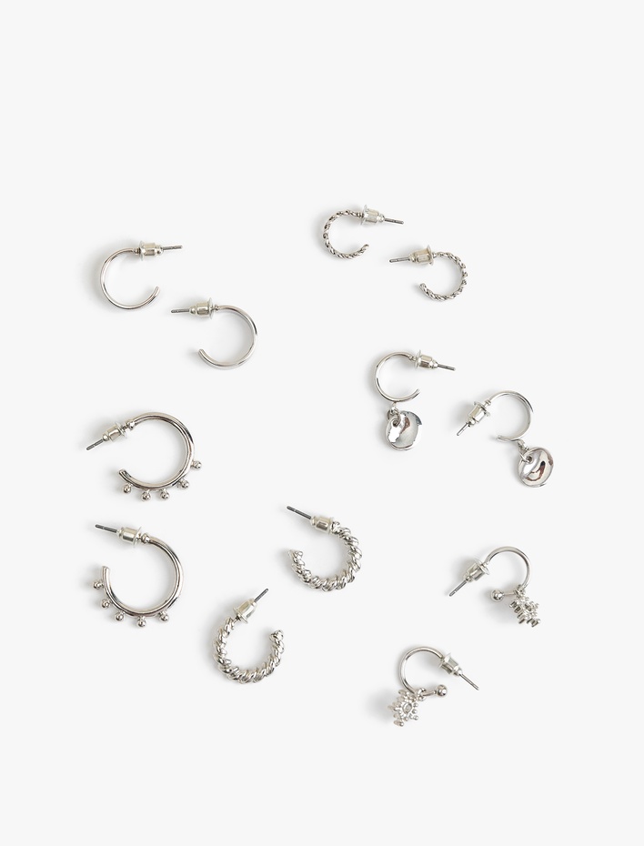 Kadın Çelik Karışımlı Charm Detaylı 6'lı Halka Küpe Seti