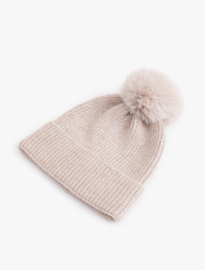 Kadın Ponpon Detaylı Simli Katlı Örgü Bere