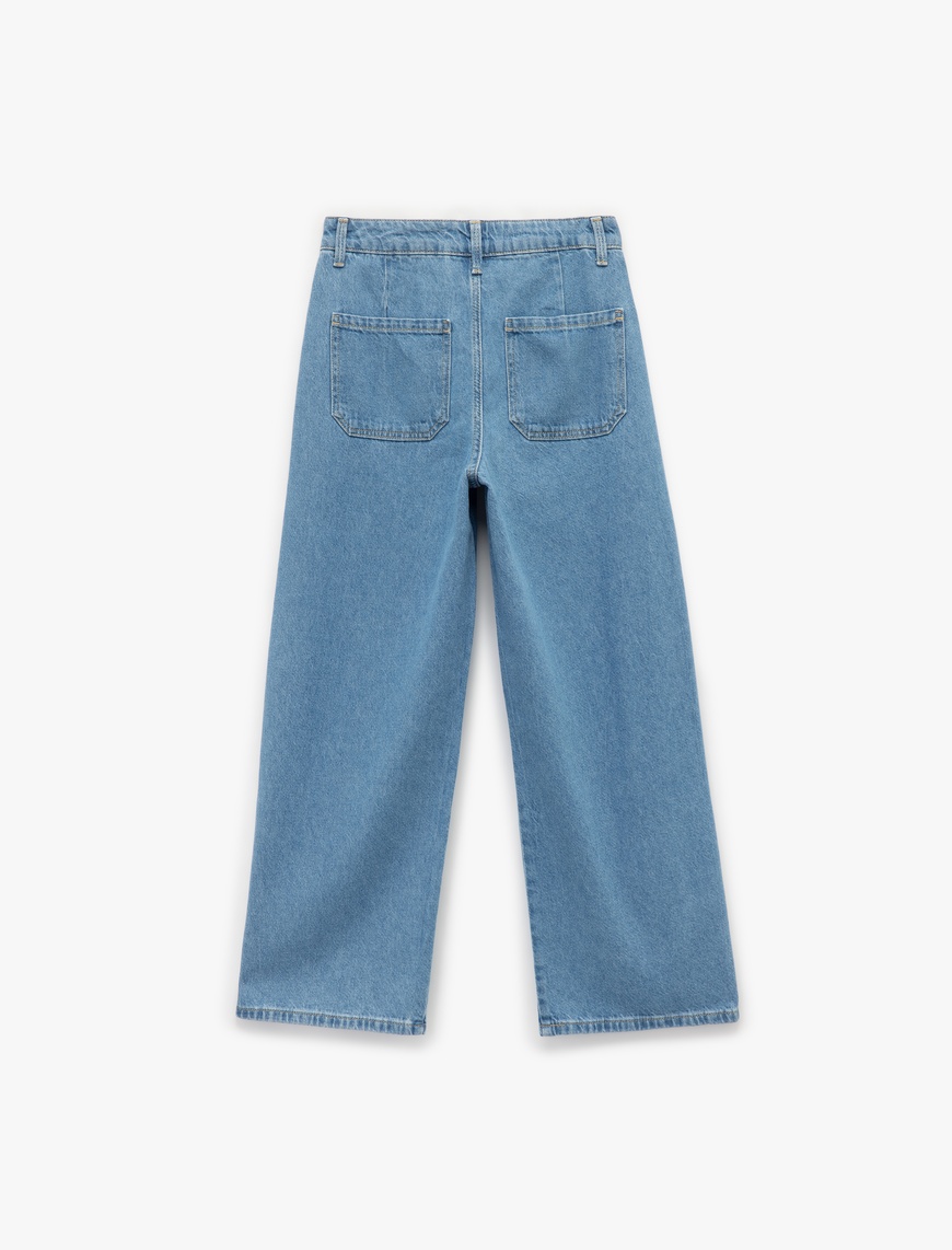   Normal Paça Düğmeli Yüksek Bel Pamuklu Geniş Paça Crop Jean Pantolon - Wide Leg Jeans