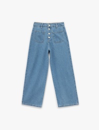 Normal Paça Düğmeli Yüksek Bel Pamuklu Geniş Paça Crop Jean Pantolon - Wide Leg Jeans