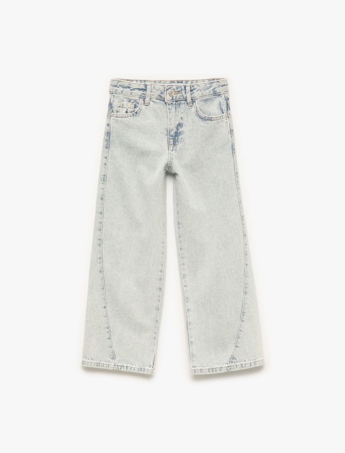 Kız Çocuk Pamuklu Cepli Geniş Paça Denim Pantolon