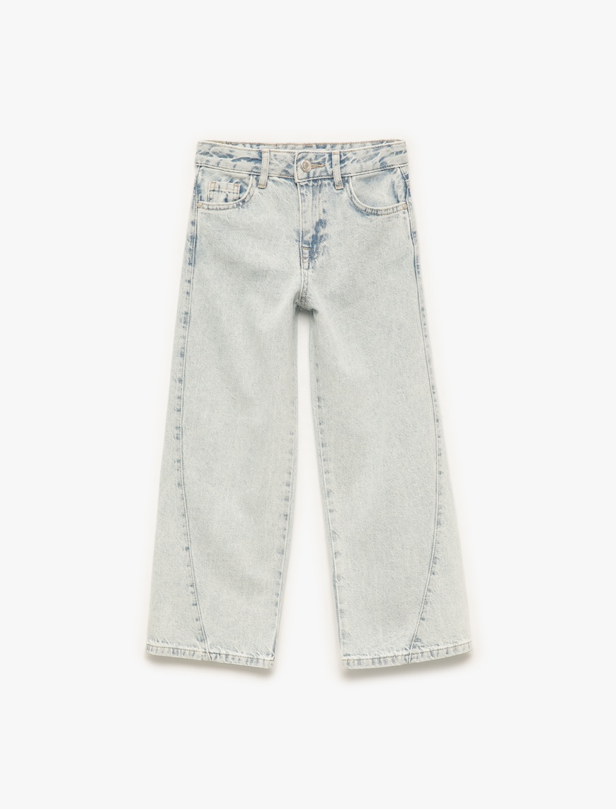  Kız Çocuk Pamuklu Cepli Geniş Paça Denim Pantolon