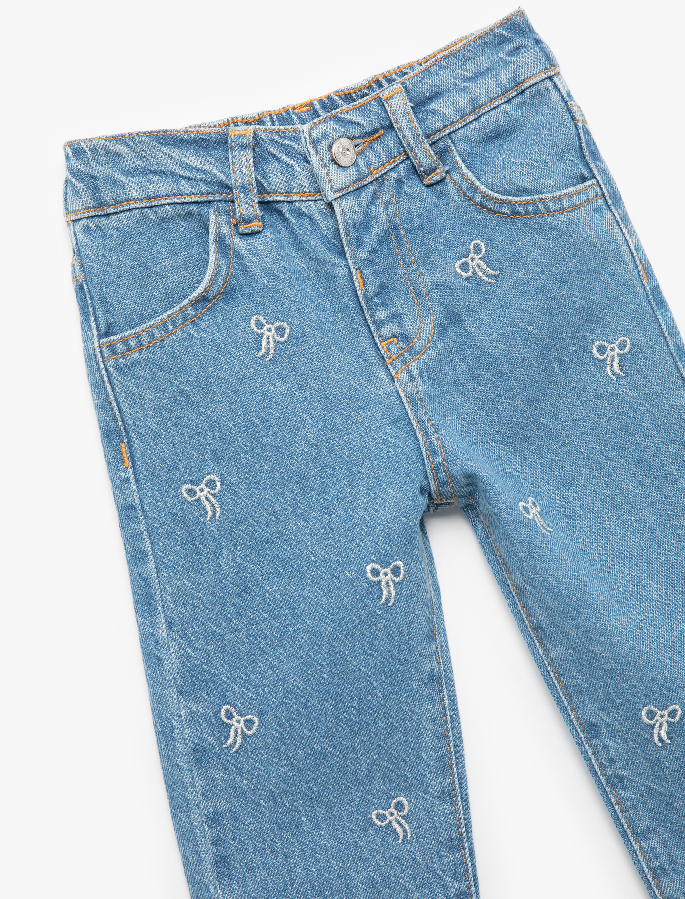  Kız Bebek Nakış Detaylı Cepli Pamuklu Denim Pantolon