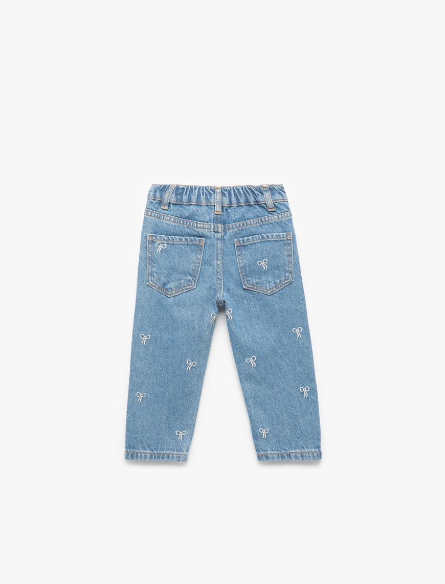  Kız Bebek Nakış Detaylı Cepli Pamuklu Denim Pantolon