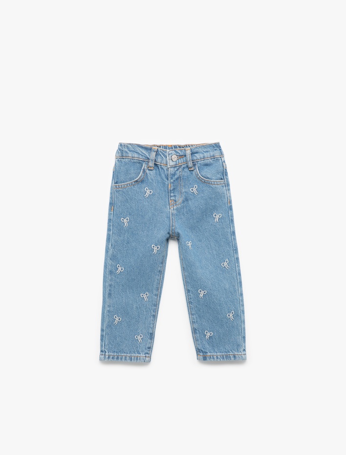 Kız Bebek Nakış Detaylı Cepli Pamuklu Denim Pantolon
