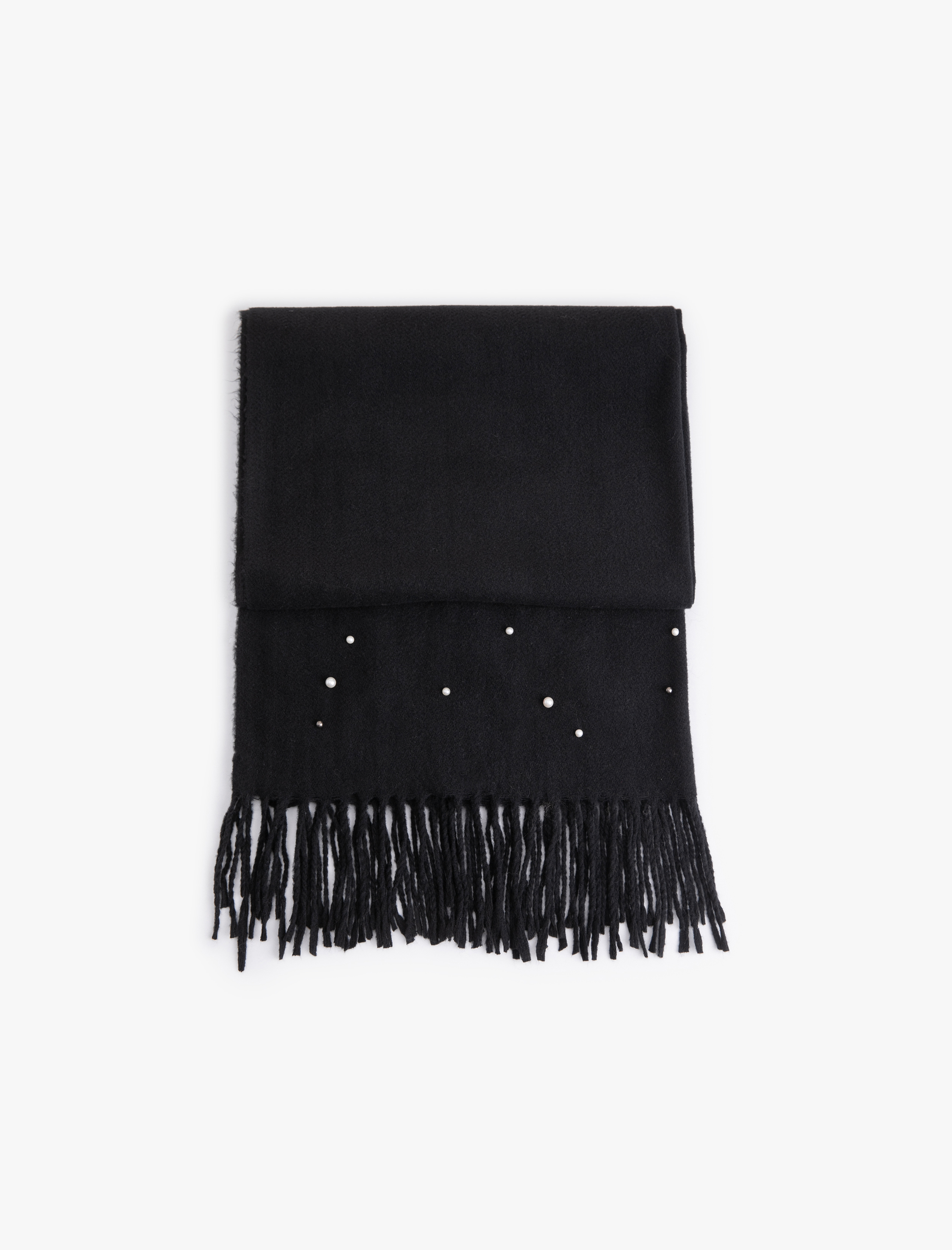  Kadın İnci Boncuk Detaylı Püsküllü Uzun Atkı