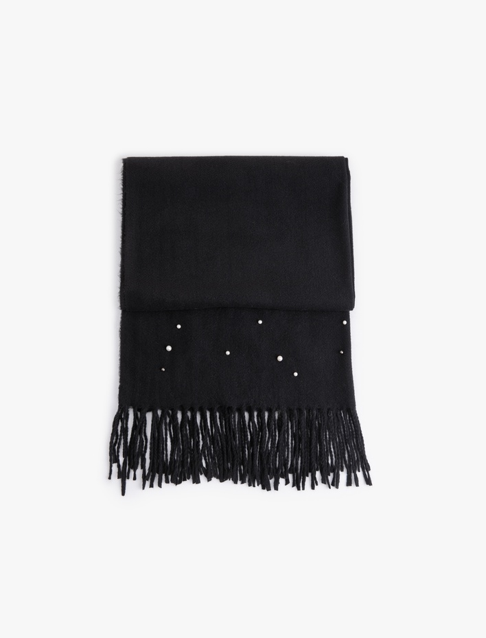 Kadın İnci Boncuk Detaylı Püsküllü Uzun Atkı