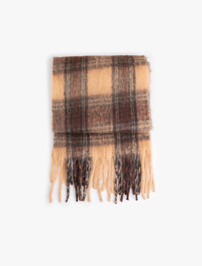 Kadın Püsküllü Ekose Desenli Yumuşak Dokulu Uzun Atkı