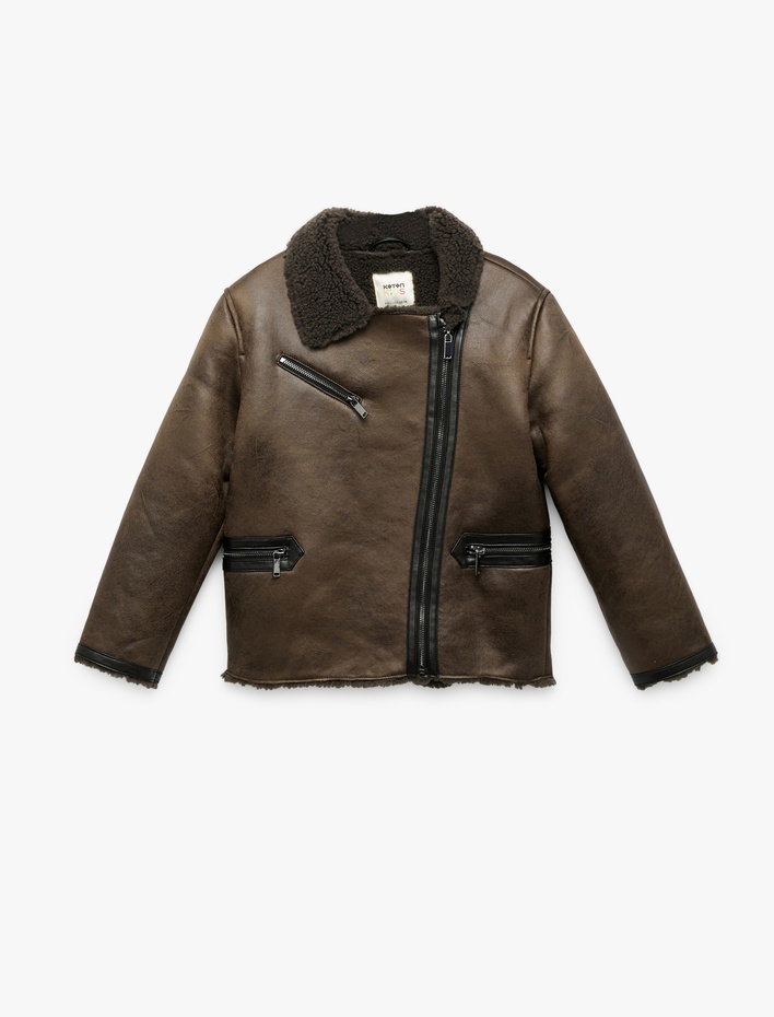 Kız Çocuk Fermuarlı İçi Peluş Astarlı Uzun Kollu Suni Süet Ceket