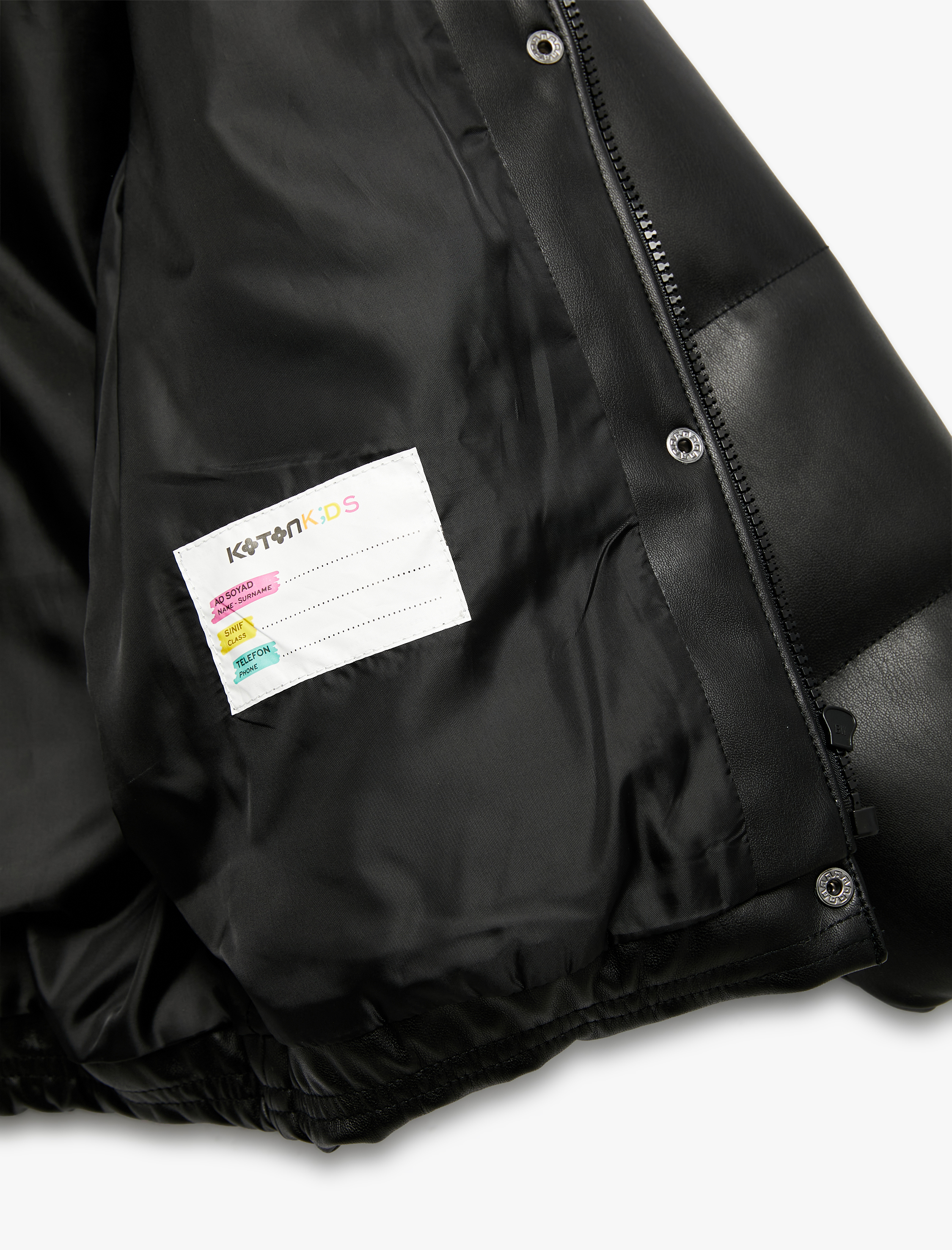  Kız Çocuk Dik Yaka Cepli Uzun Kollu Suni Deri Şişme Mont