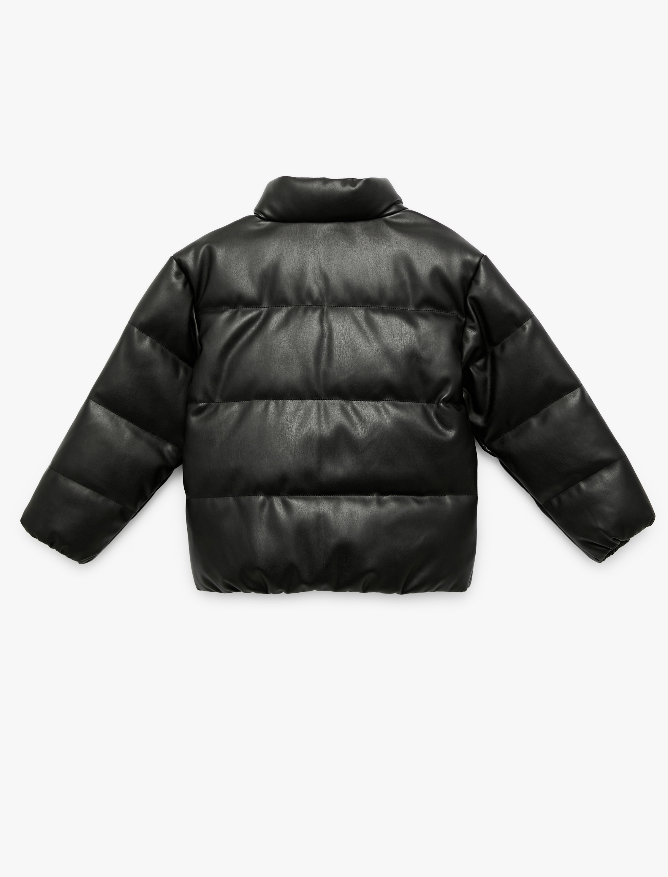  Kız Çocuk Dik Yaka Cepli Uzun Kollu Suni Deri Şişme Mont