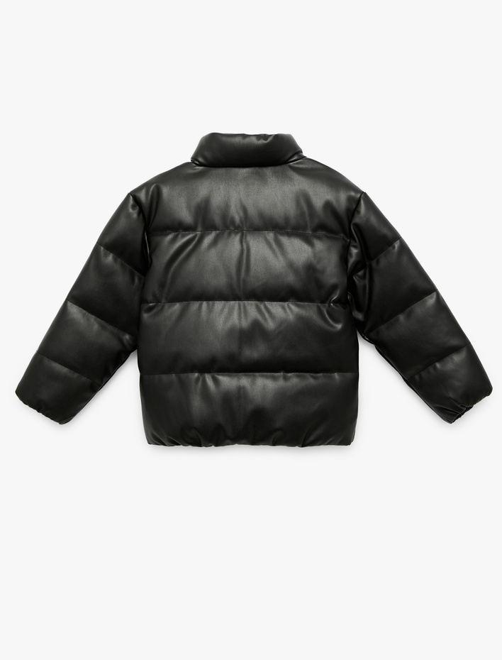 Kız Çocuk Dik Yaka Cepli Uzun Kollu Suni Deri Şişme Mont