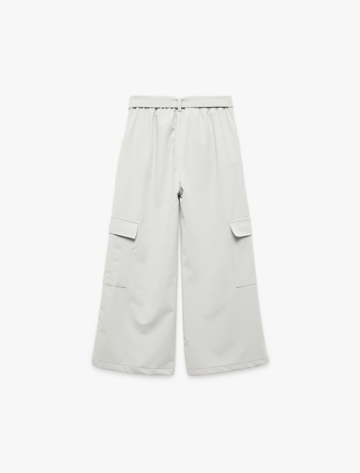 Kız Çocuk Kemer Detaylı Kapaklı Cepli Geniş Paça Kargo Pantolon