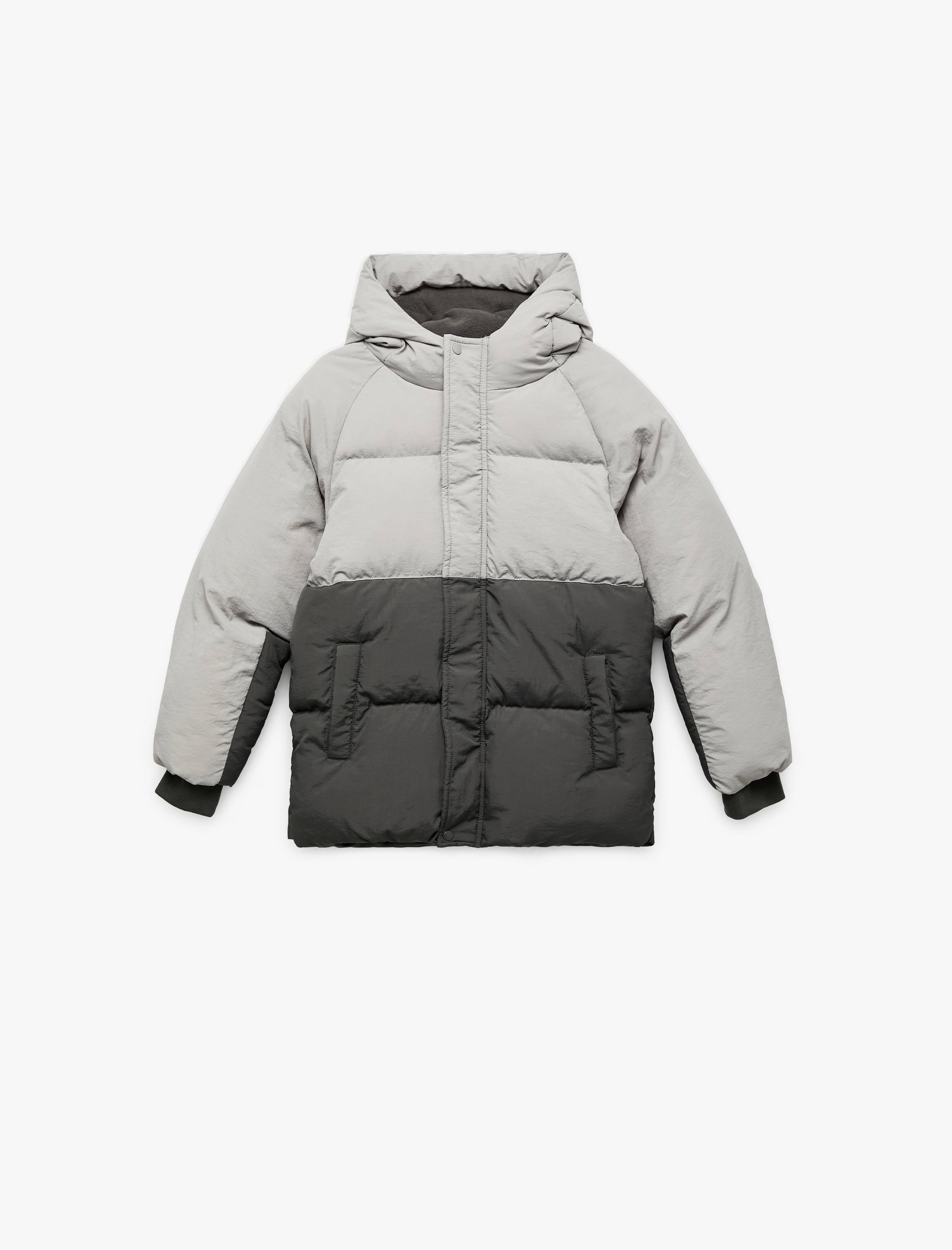  Erkek Çocuk Polar Astarlı Uzun Kollu Kapşonlu Renk Bloklu Şişme Mont