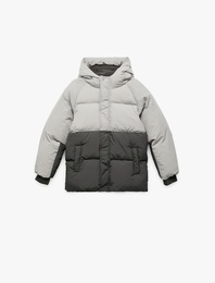 Polar Astarlı Uzun Kollu Kapşonlu Renk Bloklu Şişme Mont