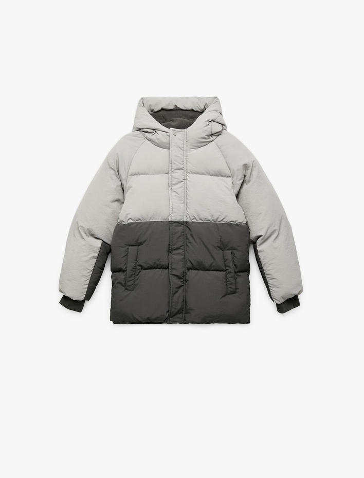 Erkek Çocuk Polar Astarlı Uzun Kollu Kapşonlu Renk Bloklu Şişme Mont