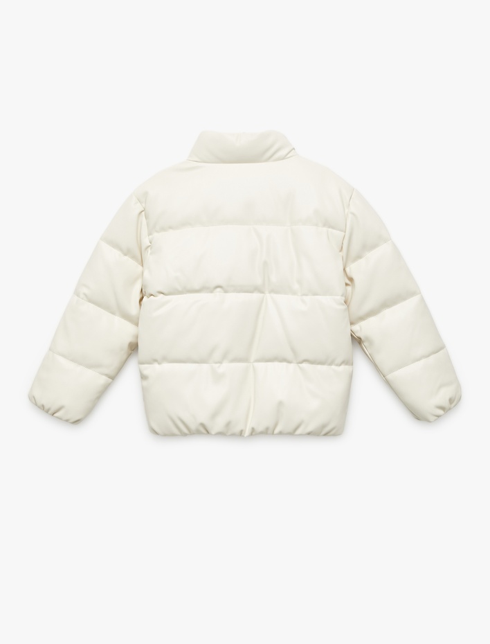 Kız Çocuk Dik Yaka Cepli Uzun Kollu Suni Deri Şişme Mont