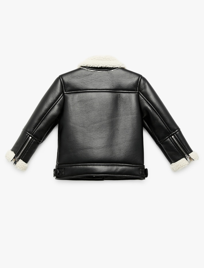 Kız Bebek Uzun Kollu Kruvaze Yaka Suni Deri Biker Ceket