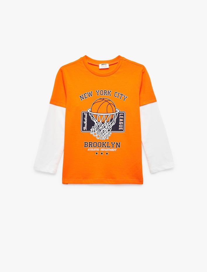Erkek Çocuk Uzun Kollu Bisiklet Yaka Basketbol Baskılı Pamuklu Tişört