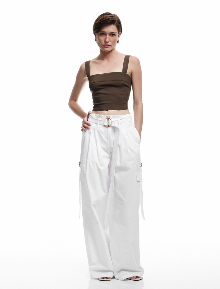  Viskon Kumaş Kare Yaka Kalın Askılı Crop Bluz