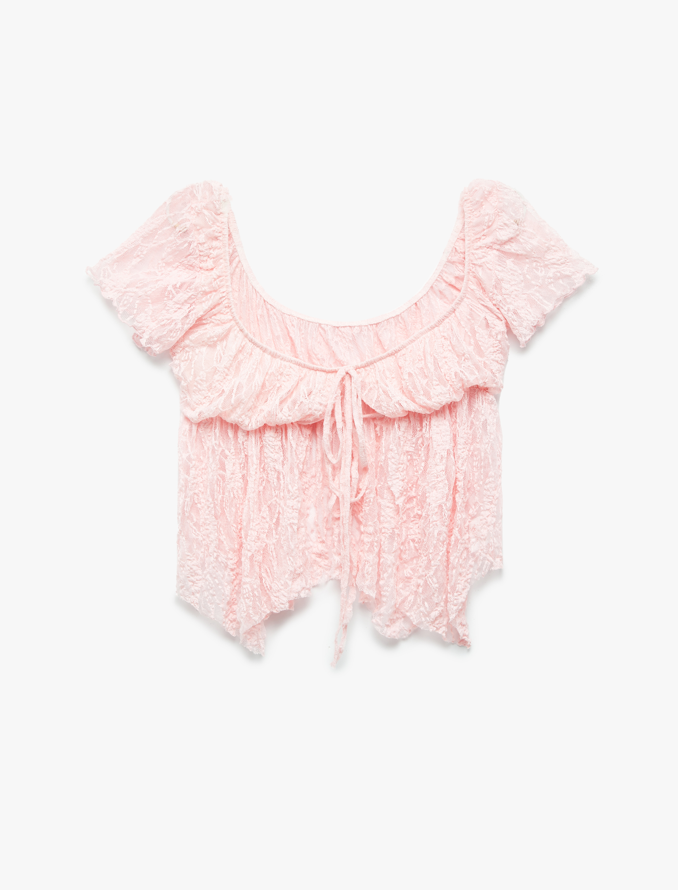   Koton X Zeynep Bastık - Kısa Kollu Kare Yaka Önden Bağlama Detaylı Fiyonklu Dantel Bluz