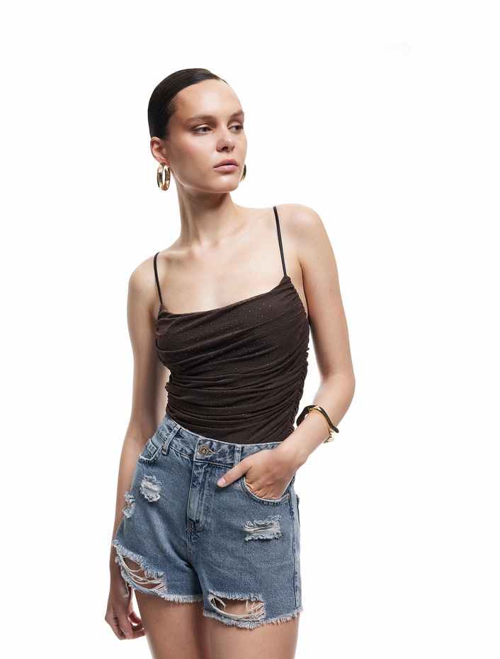  Koton X Zeynep Bastık - Drapeli İnce Askılı Tül Taşlı Bluz