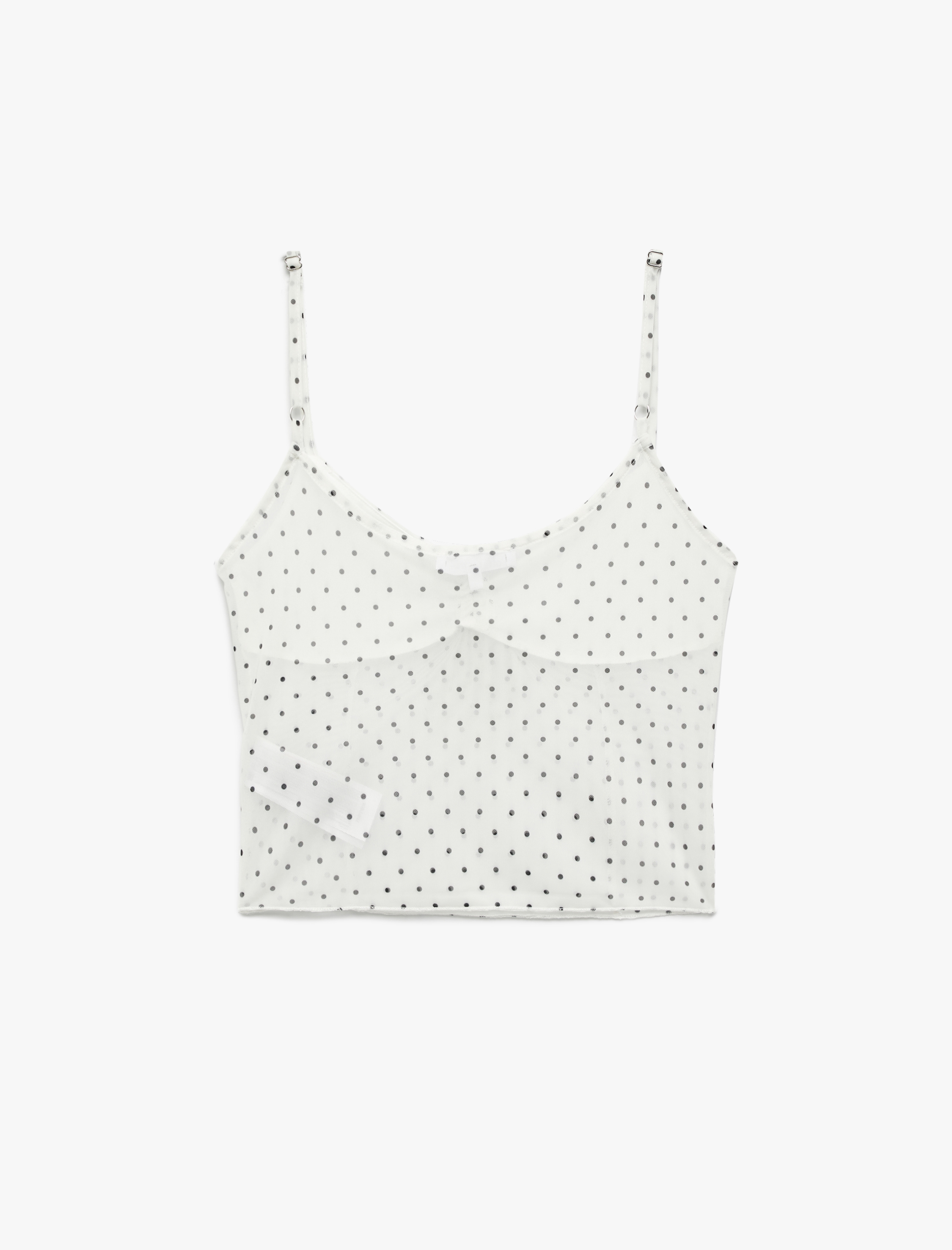   Askılı Bağlama Detaylı Fiyonklu Puantiyeli Tül Bluz