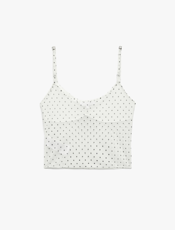  Askılı Bağlama Detaylı Fiyonklu Puantiyeli Tül Bluz