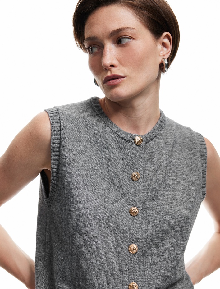  Kolsuz Bisiklet Yaka Düğmeli Triko Yelek