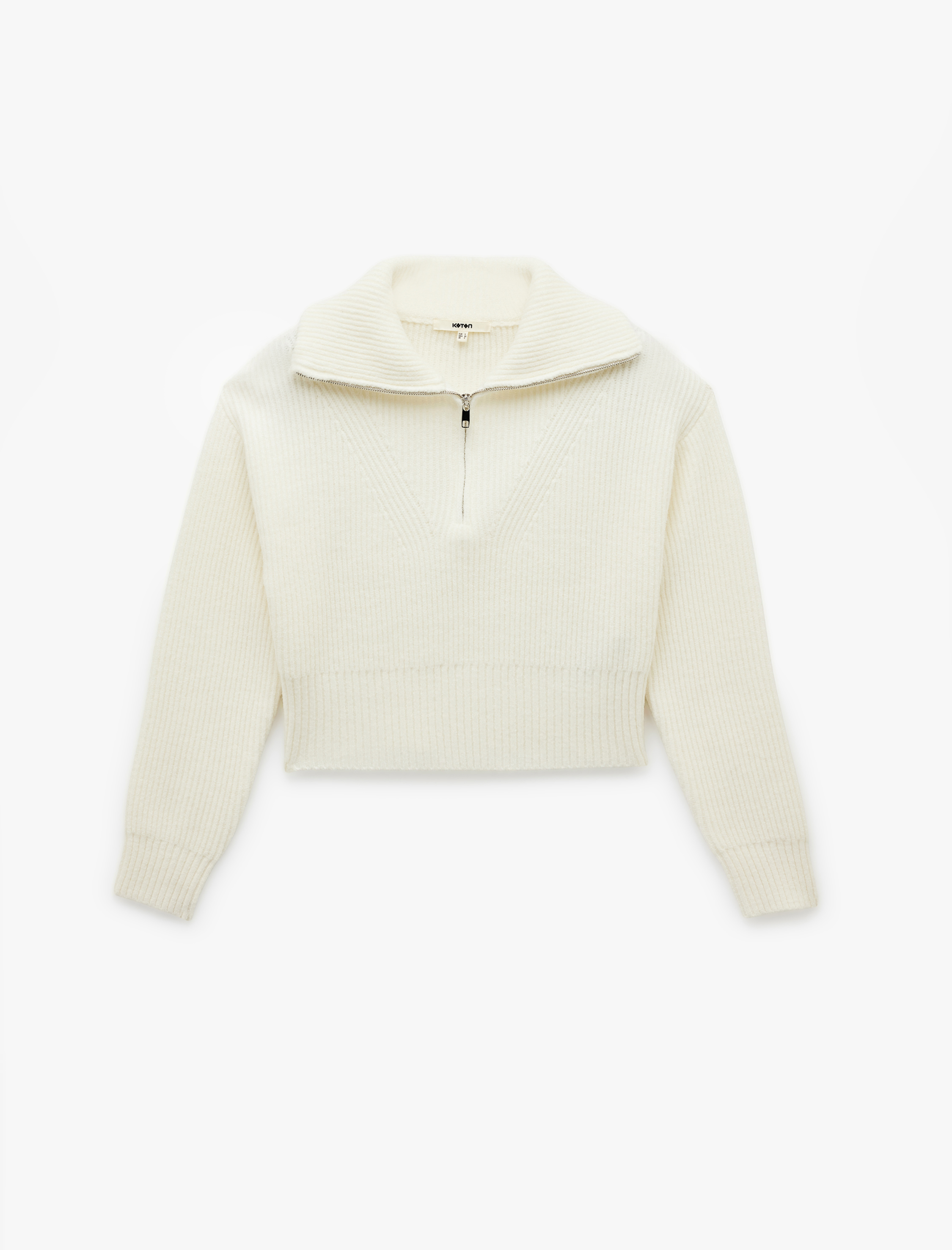   Uzun Kollu Dik Yaka Yarım Fermuarlı Triko Kazak