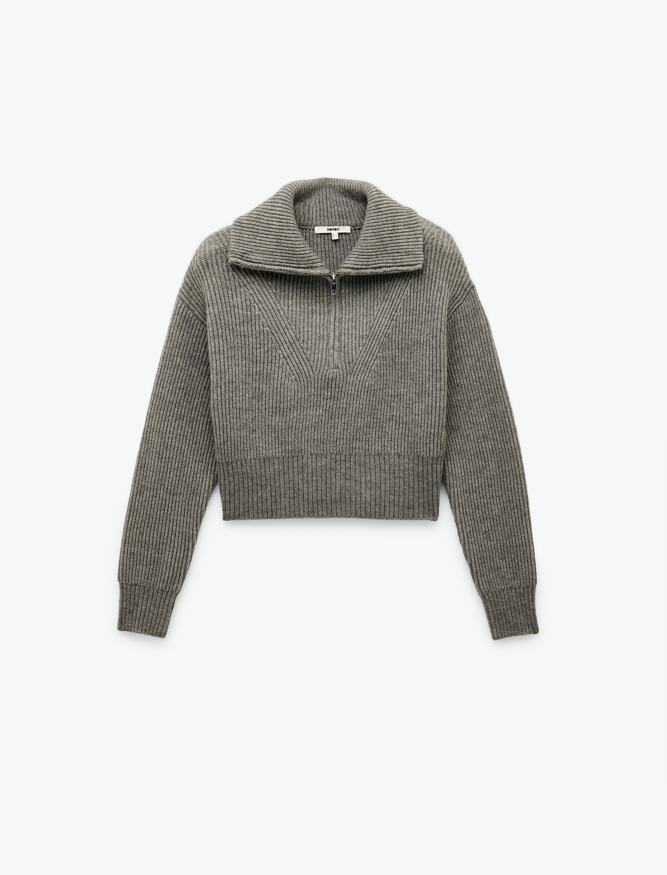   Uzun Kollu Dik Yaka Yarım Fermuarlı Triko Kazak