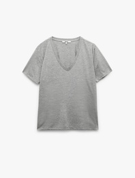 Viskon Kumaş Kısa Kollu V Yaka Basic Tişört